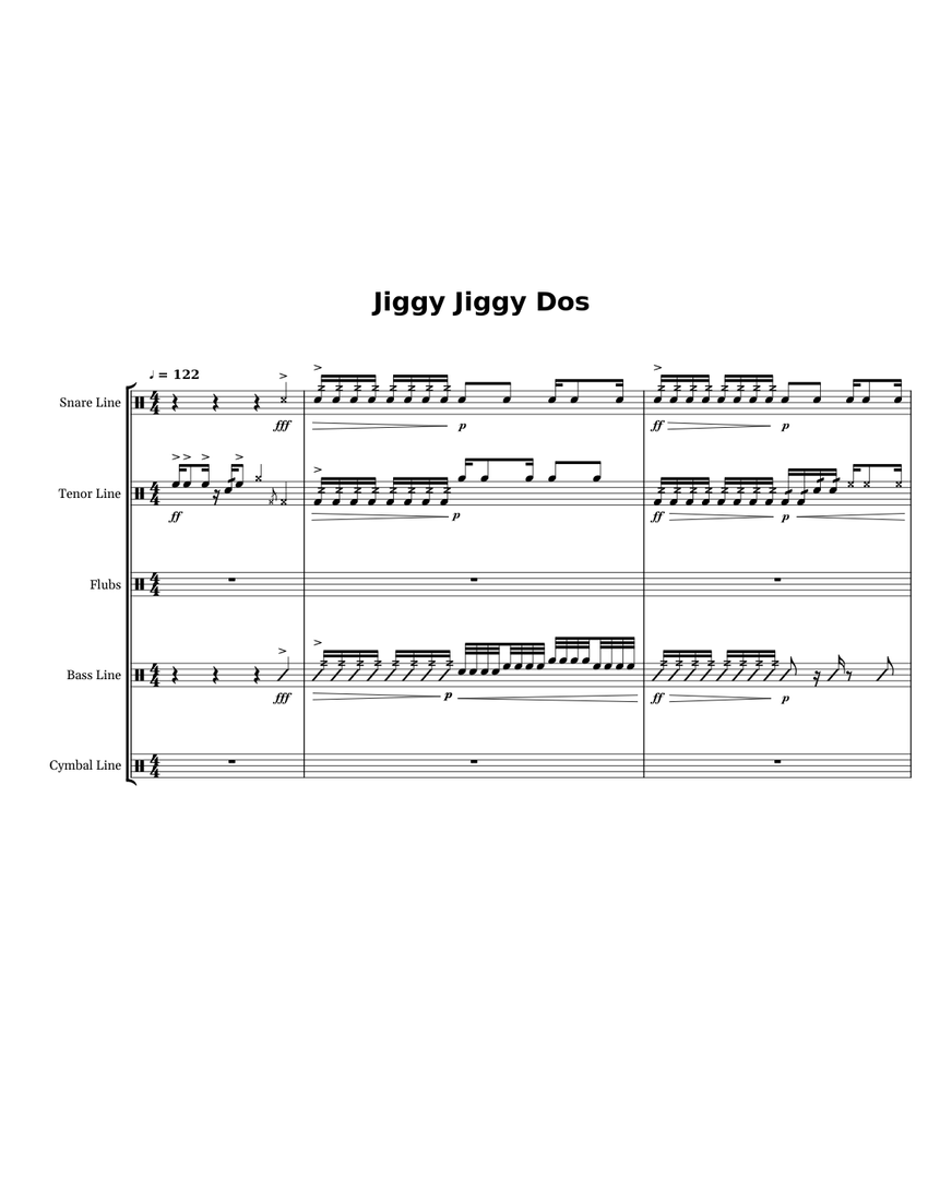 Jiggy Jiggy Dos Sheet music for Snare drum, Crash, Tenor drum, Bass
