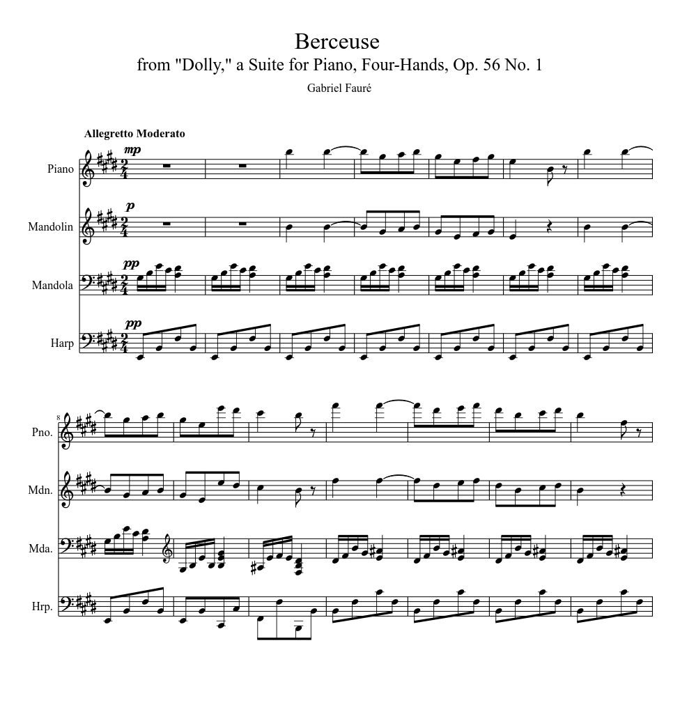 Faure: Berceuse from the Dolly Suite, Op. 56 No. 1 Sheet music for Piano,  Harp (Mixed Duet) | Musescore.com