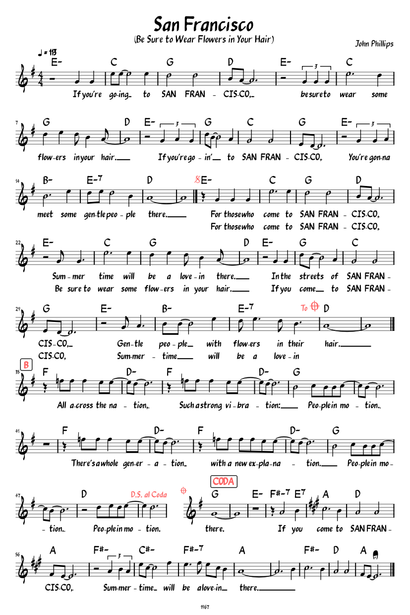 San Francisco (Be Sure to Wear Flowers in Your Hair) (Lead sheet with