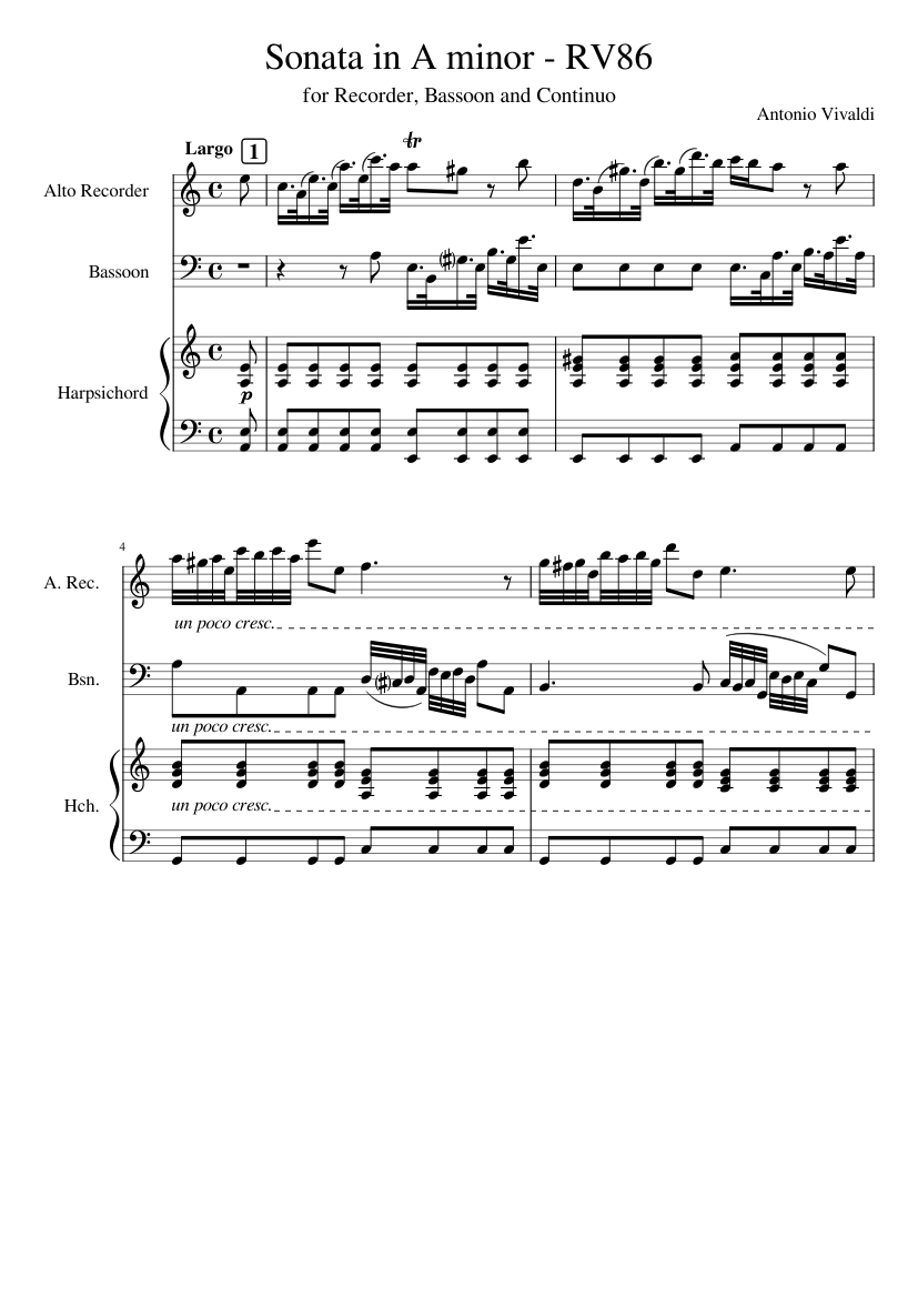 RV86 Sonata in A minor, I. Largo Sheet music for Harpsichord, Bassoon