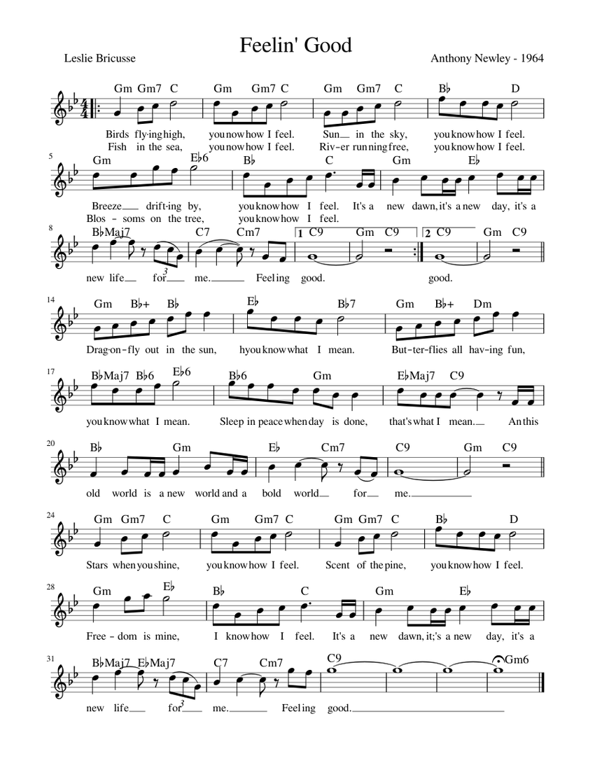 Feeling Good - 1964 (Leadsheet) Sheet music for Piano (Solo) | Musescore.com