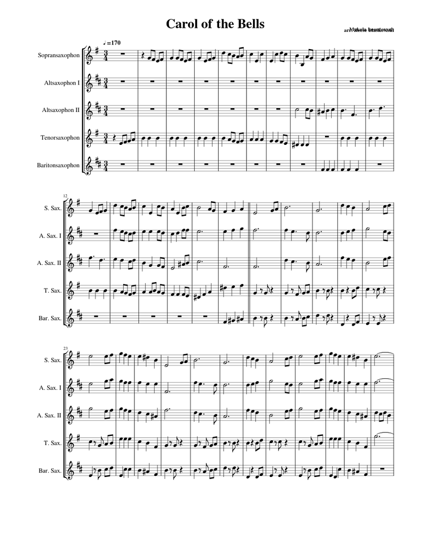 Carol of the Bells Sheet music for Saxophone alto, Saxophone tenor ...