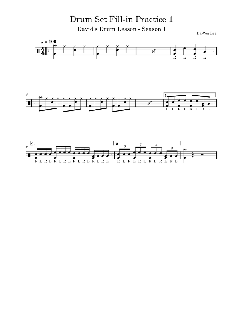 David's Drum Lesson - Drum Set Fill-in Practice 1 Sheet music for Drum ...