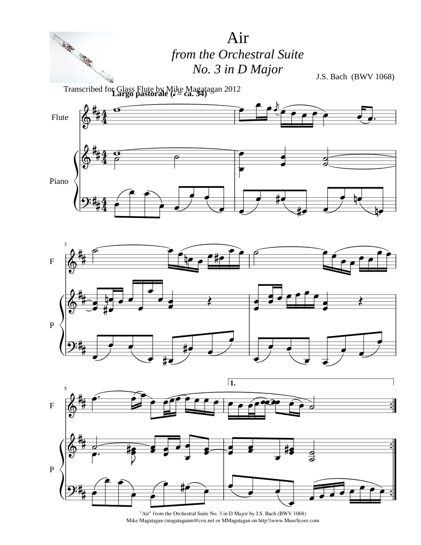 Air in D Major BWV 1068 for Crystal Flute Piano Sheet music for Piano, Flute  (Solo) | Download and print in PDF or MIDI free sheet music for Orchestral  Suite No.3 in