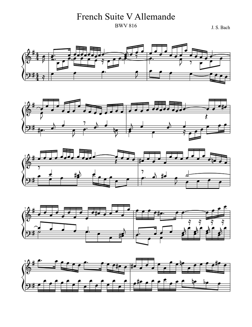 BWV 816 French Suite V Allemande Sheet music for Harp (Solo