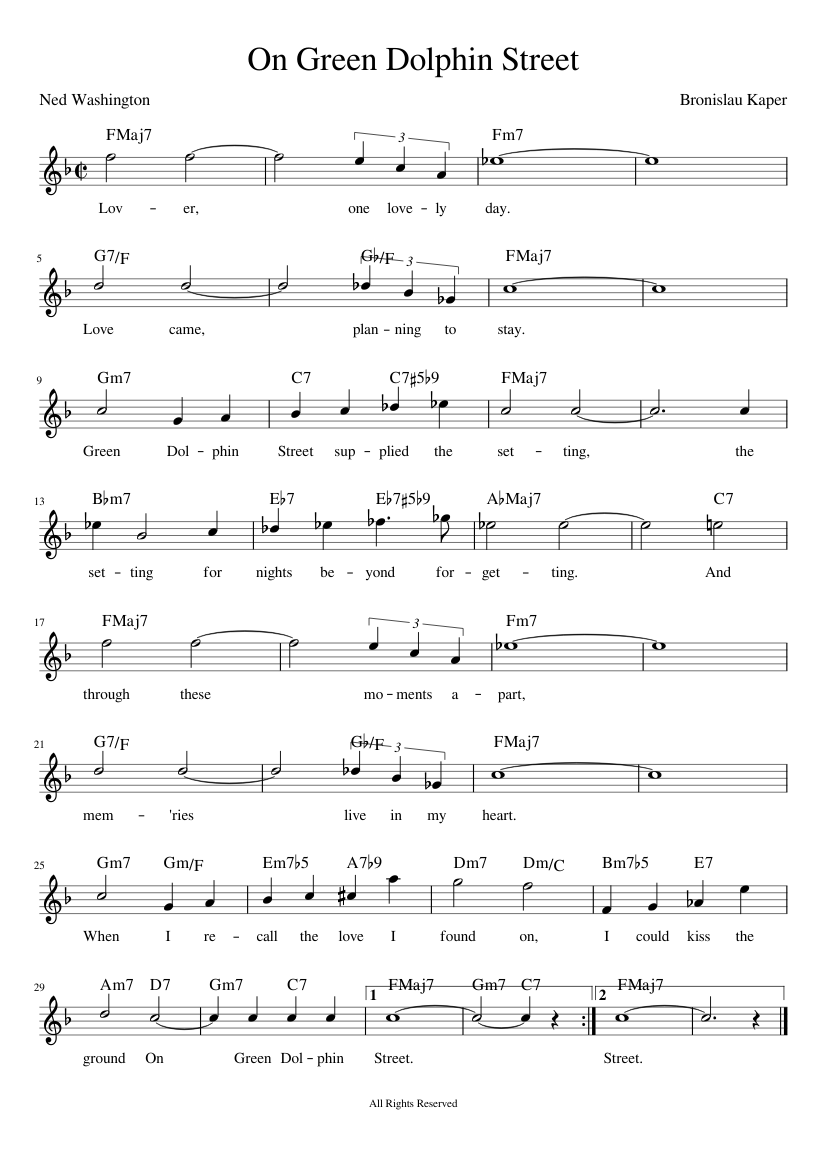 On Green Dolphin Street (Bb) Sheet music for Piano (Solo) | Musescore.com