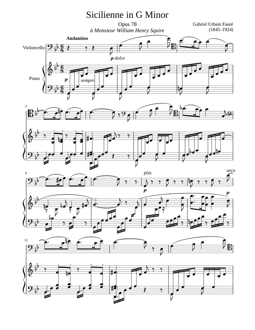 Sicilienne Opus 78 in G Minor Sheet music for Piano, Cello (Piano Duo) |  Musescore.com