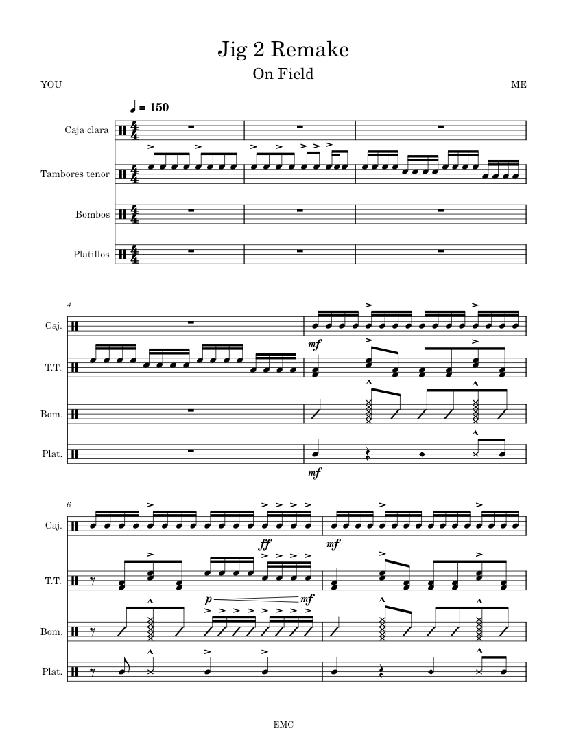 Jig 2 Remake Sheet music for Snare drum, Crash, Tenor drum, Bass drum