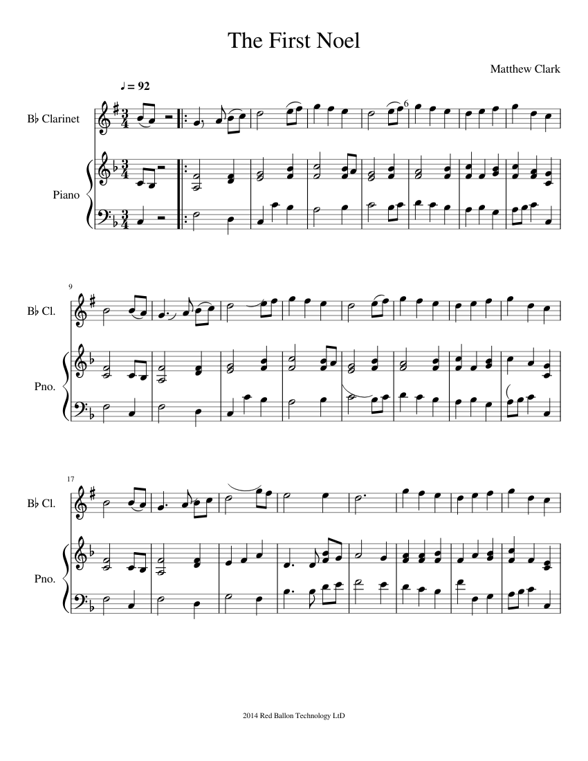 The First Noel Sheet Music for Piano, Clarinet in b-flat (Solo