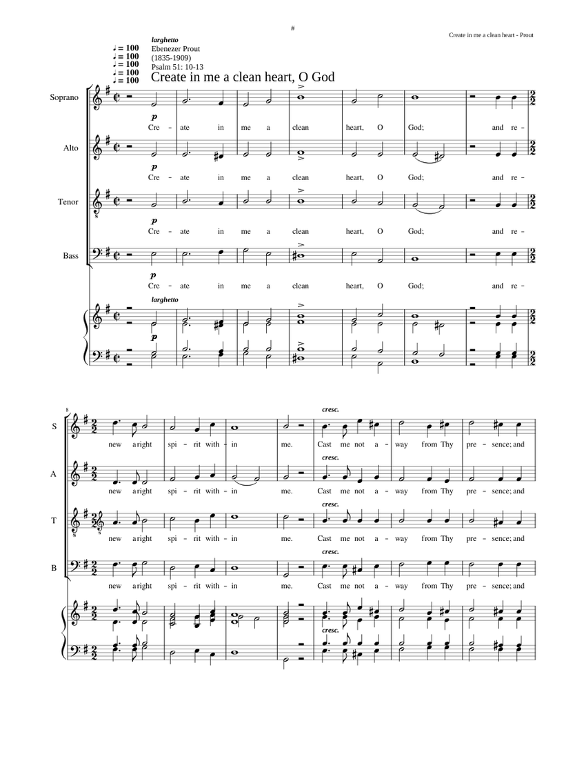 Create in me a clean heart, O God - Ebenezer Prout Sheet music for Bass ...