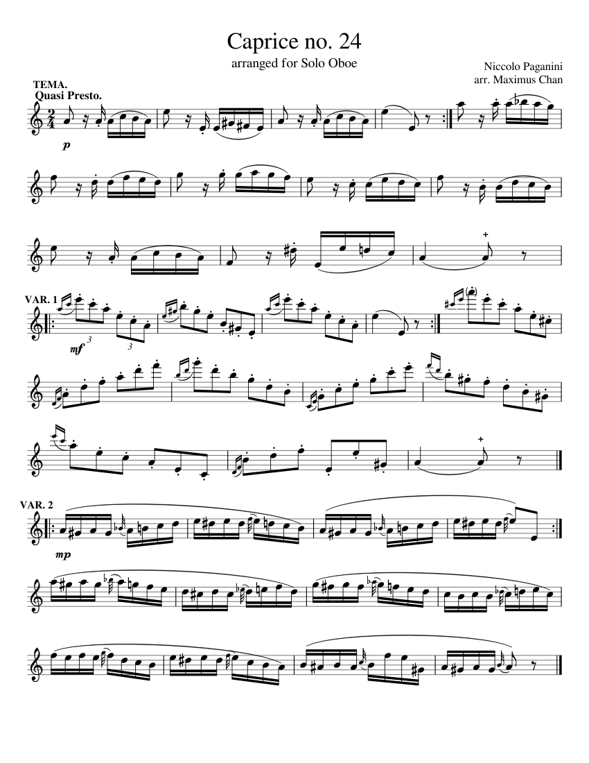 Caprice no. 24 Arranged for Oboe Sheet music for Oboe (Solo) | Musescore.com