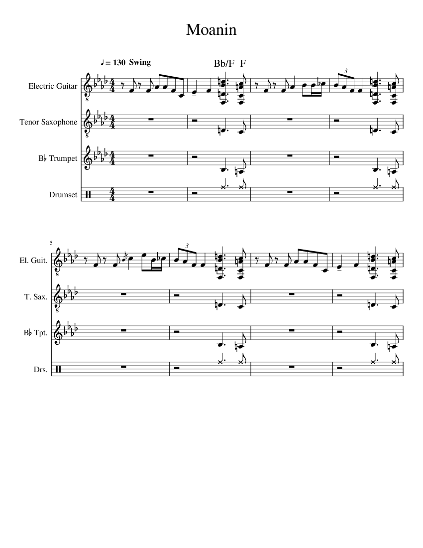 Moanin Sheet music for Saxophone tenor, Trumpet in bflat, Guitar, Drum