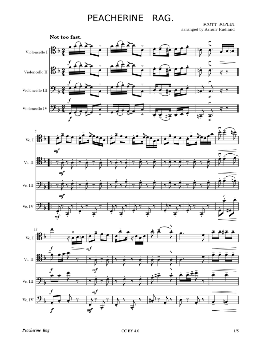 Peacherine rag – Scott Joplin Sheet music for Cello (String Ensemble ...
