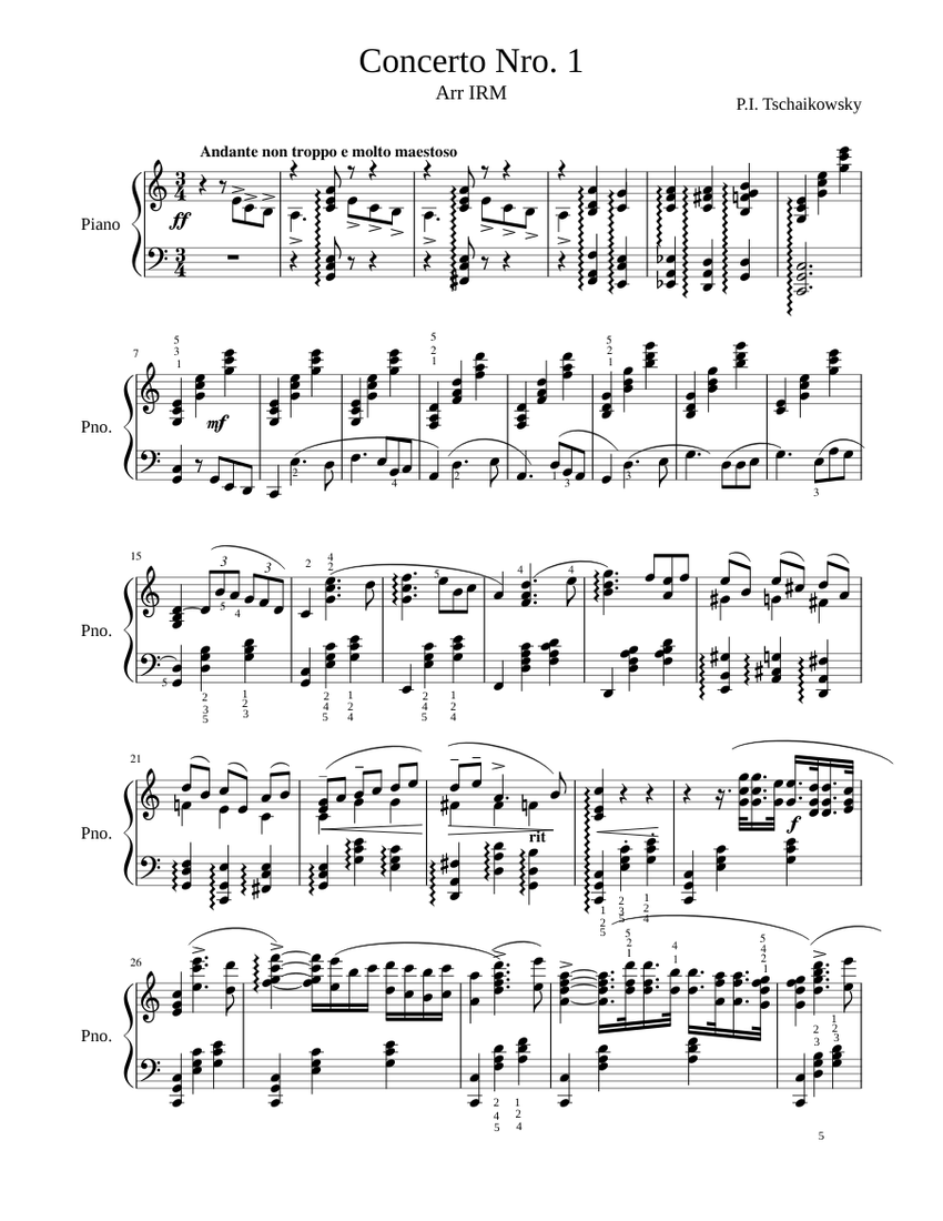 Tchaikovsky piano Concerto Nro. 1, easy version Sheet music for Piano  (Solo) | Musescore.com