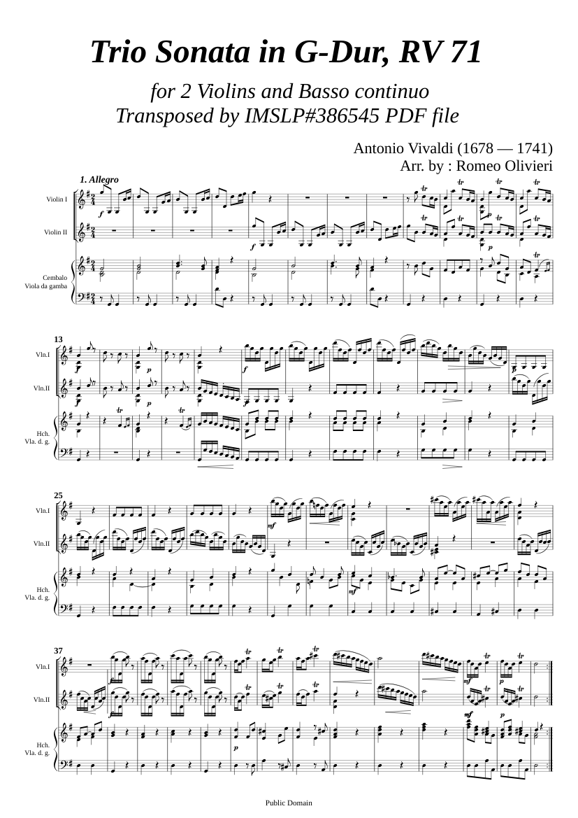 Vivaldi, A. _ Trio Sonata G-Dur, RV 71 [2 Vlns, BC] Sheet music for ...