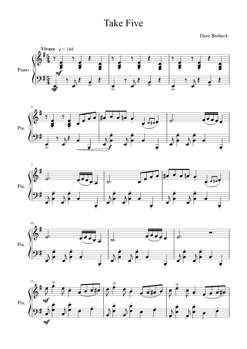 Take Five - Dave Brubeck- Sheet music for Piano (Solo) | Musescore.com