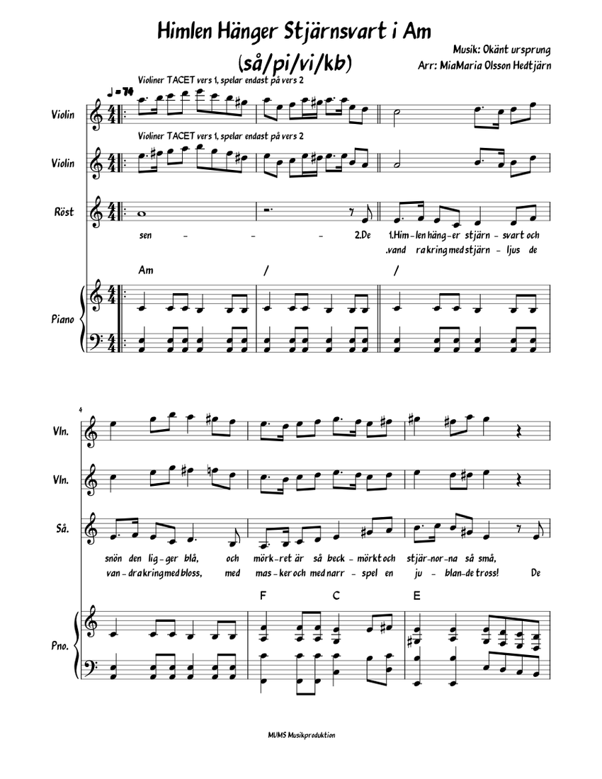 Himlen hänger stjärnsvart (sång/violin/piano) Sheet music for Piano ...