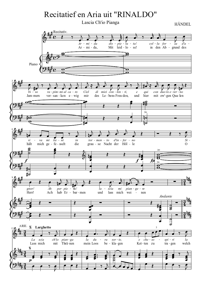 Recitatief en Aria uit "RINALDO" - Lascia Ch'io Pianga - HANDEL Sheet music  for Piano (Solo) | Musescore.com