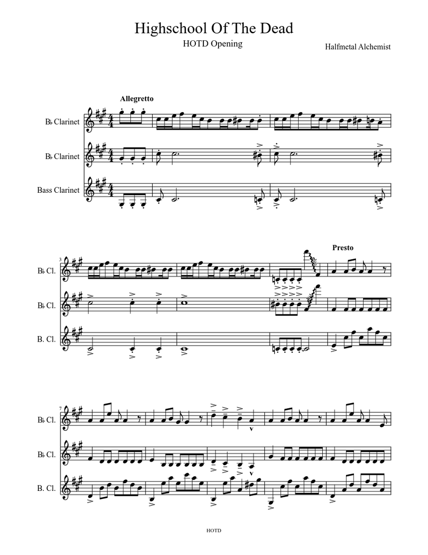Highschool Of The Dead Sheet music for Clarinet (Woodwind Duet