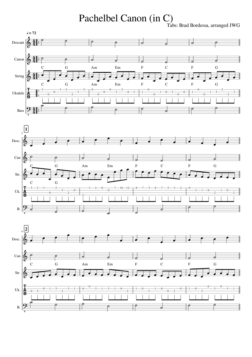 Pachelbel Canon in C Single Tab Winds Sheet music for Oboe, Bass guitar,  Recorder, Ukulele (Mixed Quintet) | Musescore.com