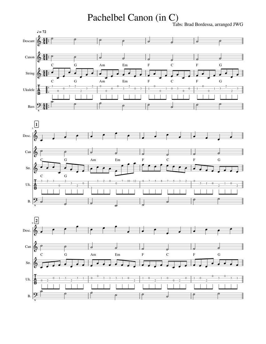 Pachelbel Canon In C Single Tab Winds Sheet Music For Oboe Bass Recorder Ukulele Mixed Quintet Musescore Com