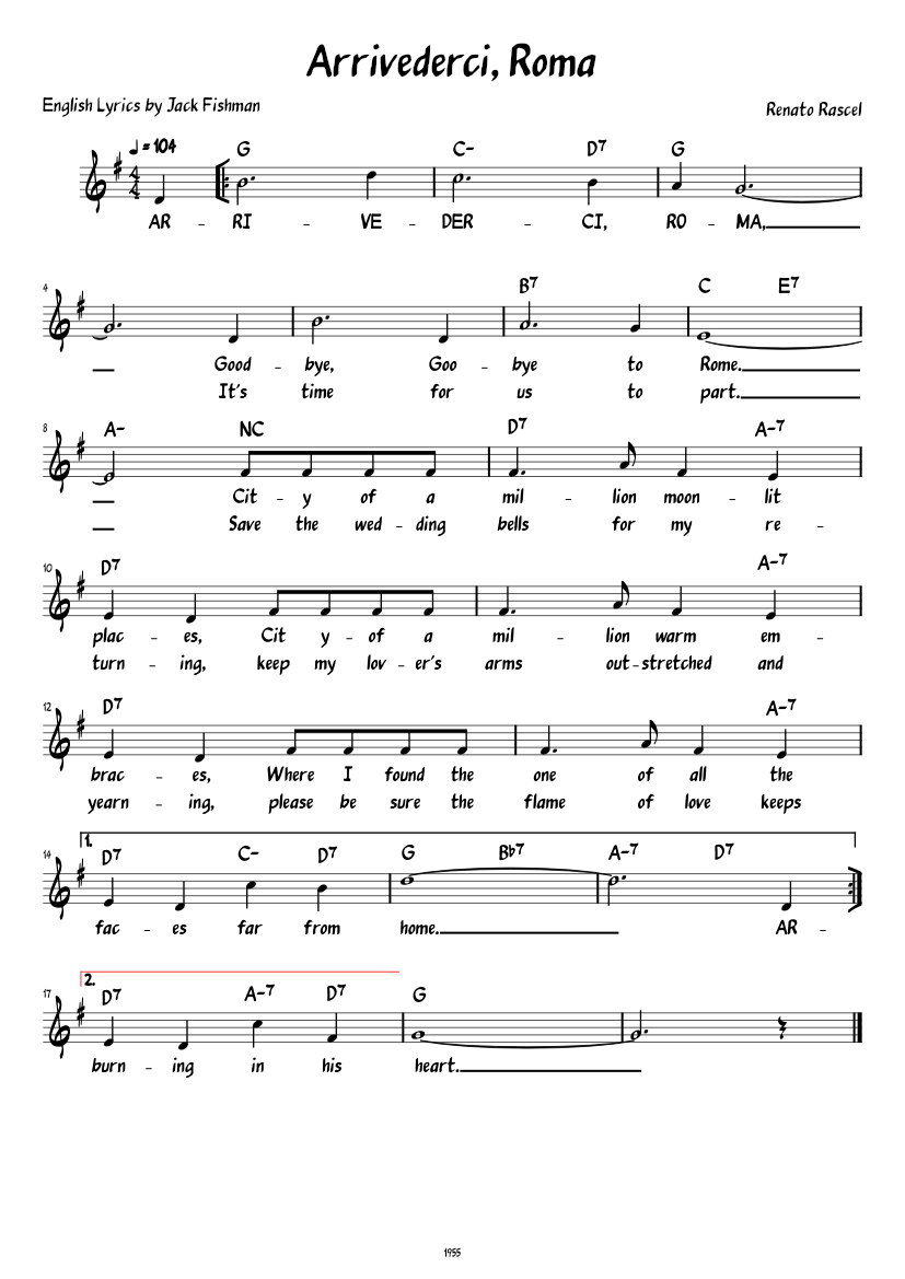 Arrivederci, Roma (Lead sheet with lyrics ) Sheet Music for Piano (Solo ...