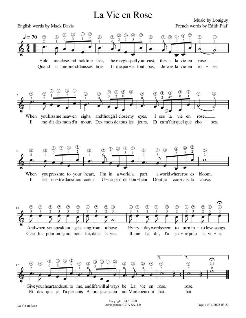 La Vie en Rose Sheet Music for Violin (Solo) | MuseScore.com