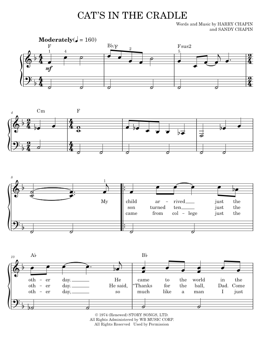 Cats In The Cradle Sheet Music For Piano By Harry Chapin Official 0623