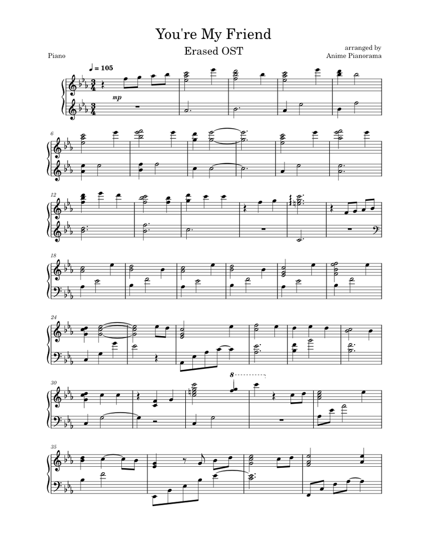 You're My Friend - Erased OST | PIANO arrangement Sheet music for Piano  (Solo) | Musescore.com