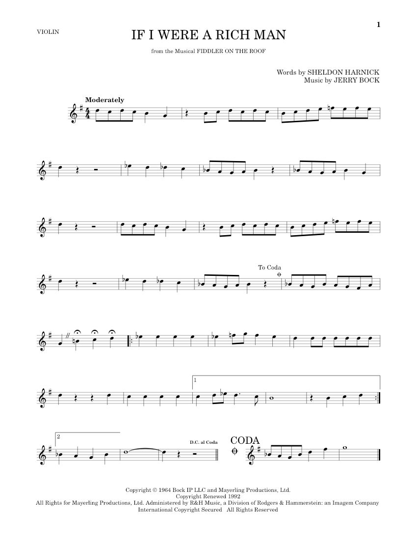 If I Were A Rich Man Sheet Music For Violin By Sheldon Harnick And If i were a rich man sheet music for violin by sheldon harnick and