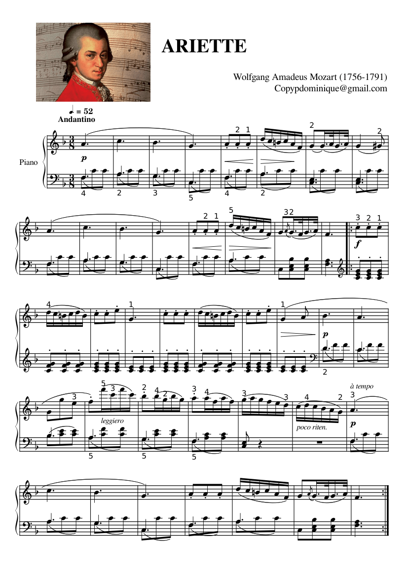 Ariette – Wolfgang Amadeus Mozart Sheet Music for Piano (Solo) Easy ...