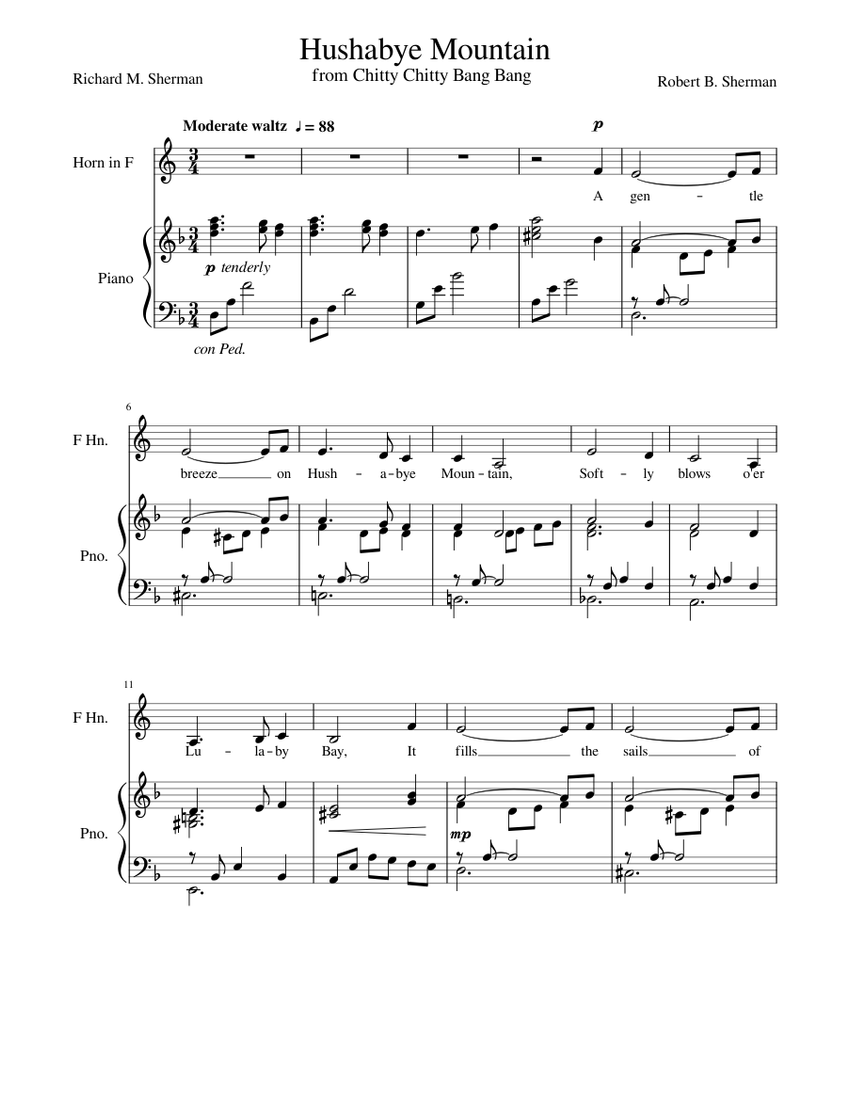 Hushabye Mountain French Horn/Mellophone Sheet music for Piano, French ...