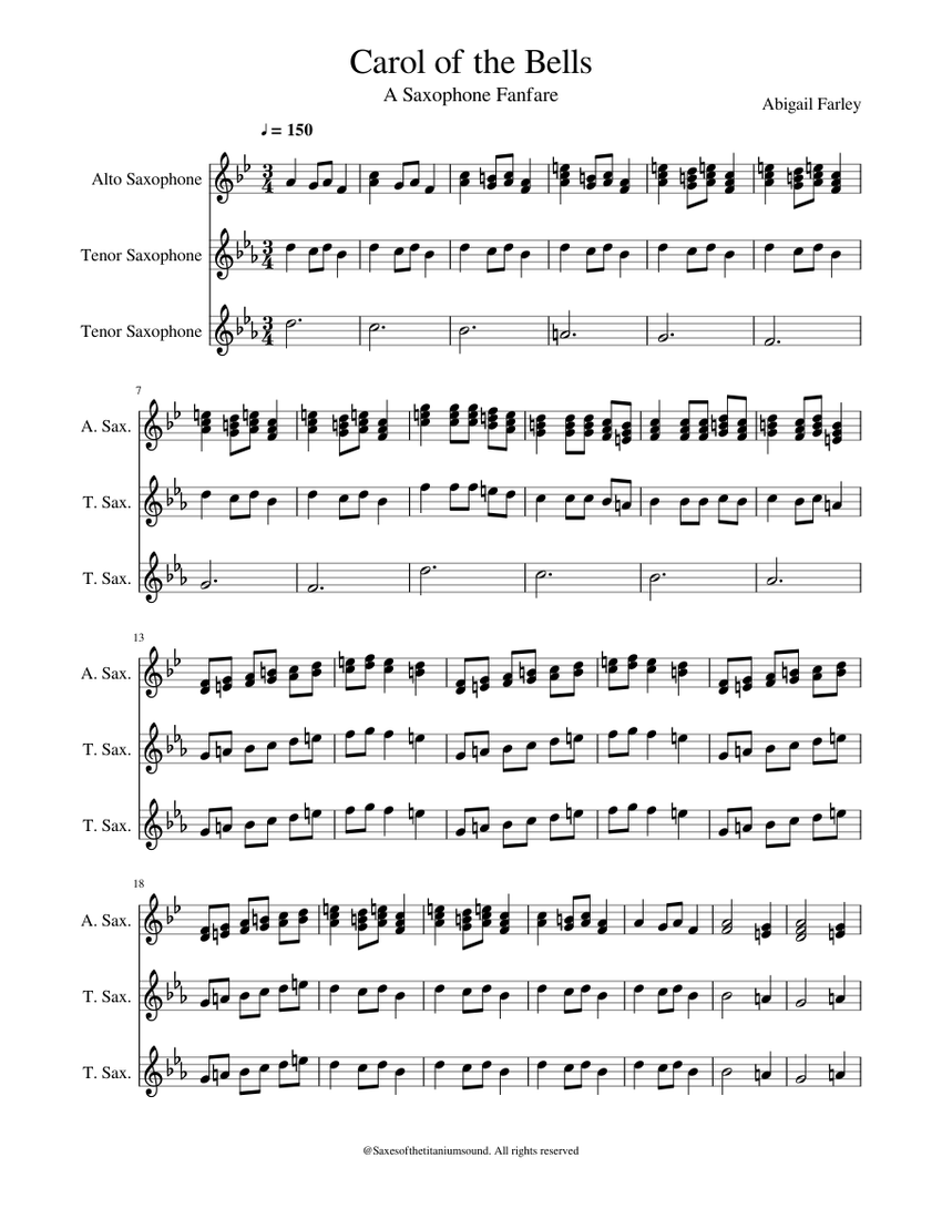 Carol of the Bells Sheet music for Saxophone alto, Saxophone tenor ...