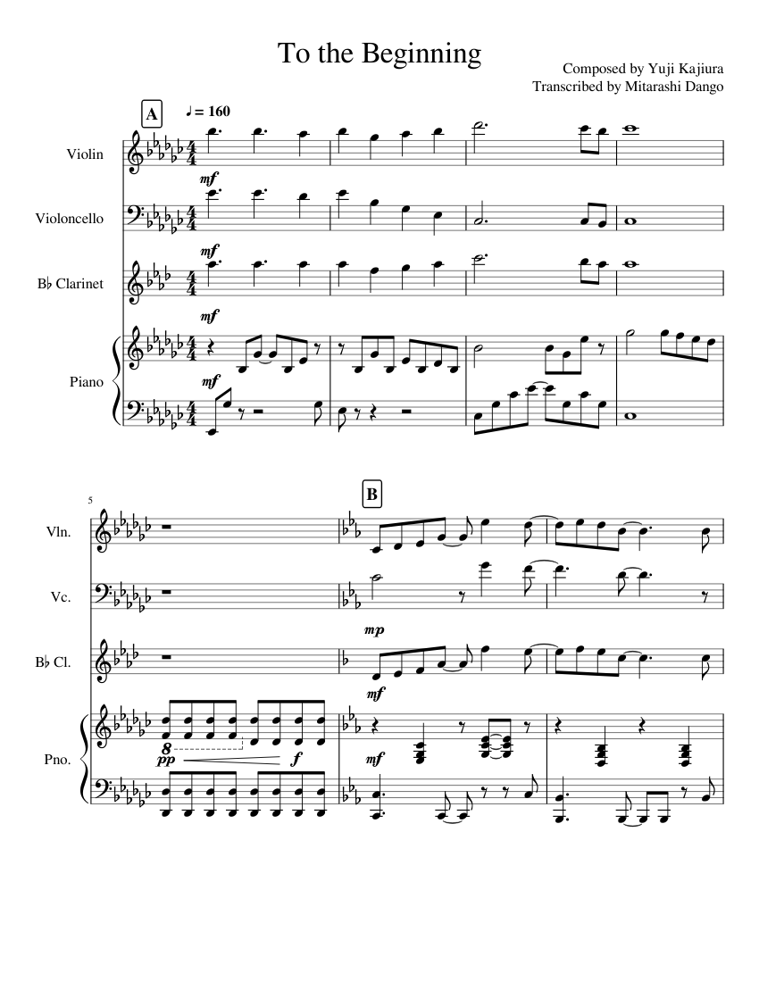 To The Beginning Kalafina Sheet Music For Piano Violin Clarinet In B Flat Cello Mixed Quartet Musescore Com