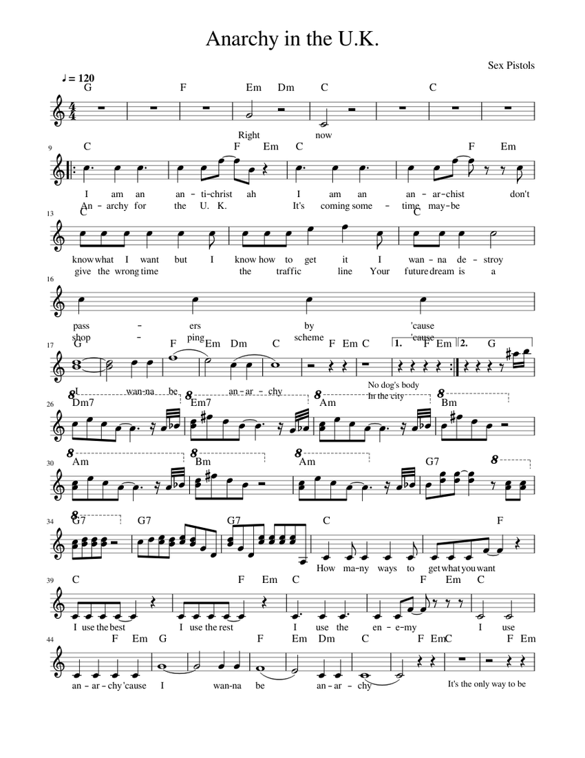 Anarchy In The U K Sheet Music For Violin Solo Musescore Com