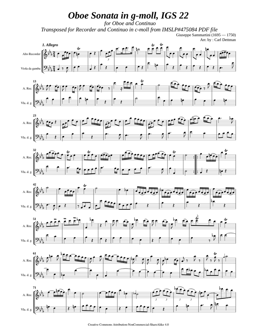 Sammartini, Giuseppe _ Oboe Sonata g-moll, IGS 22 [Rec, Vla.d.g, c-moll]  Sheet music for Cello, Recorder (Mixed Duet) | Musescore.com