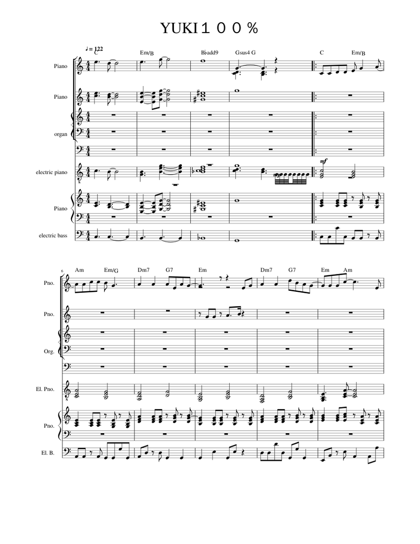 Yuki100 Sheet music for Piano, Organ, Bass guitar (Mixed Ensemble ...