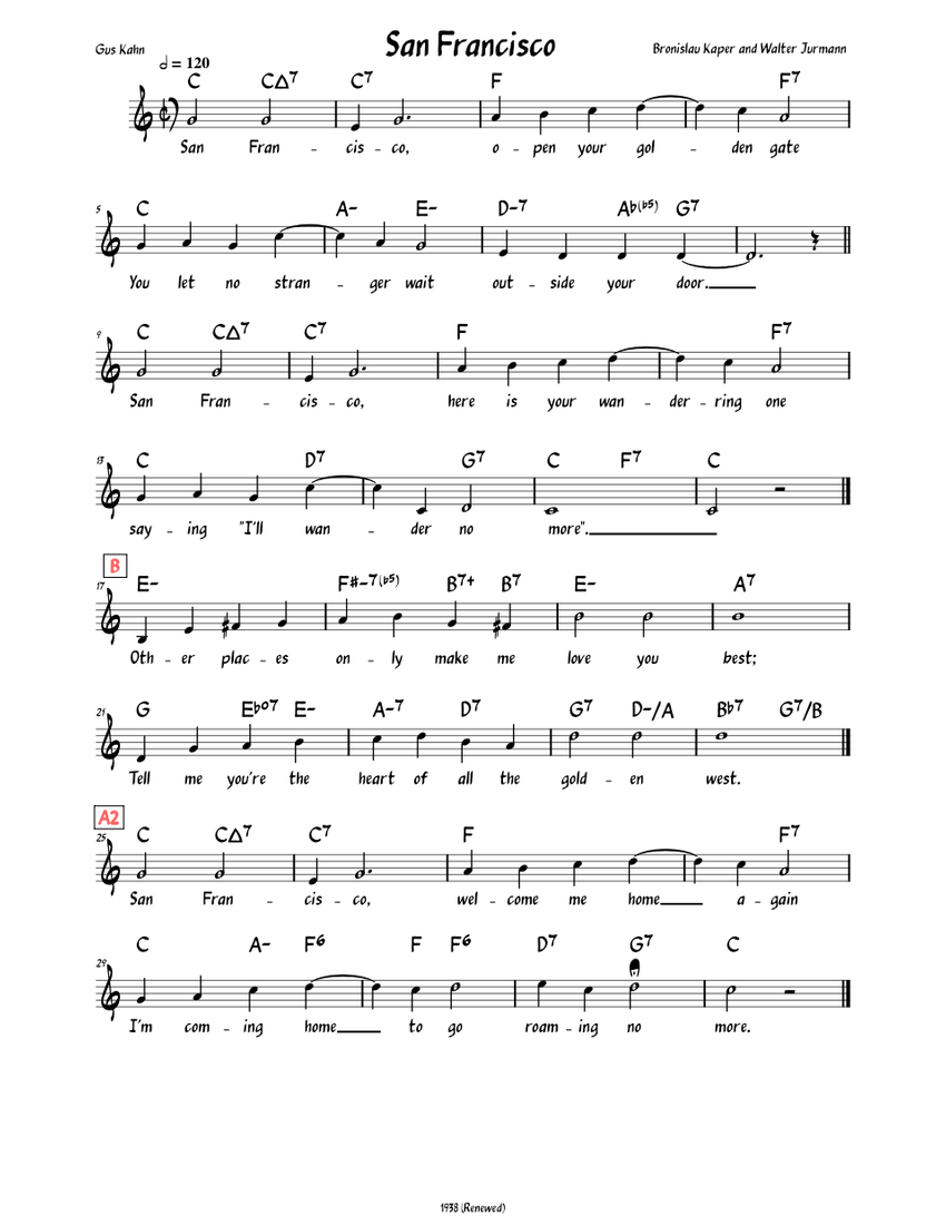 San Francisco (Lead sheet with lyrics ) Sheet music for Piano (Solo