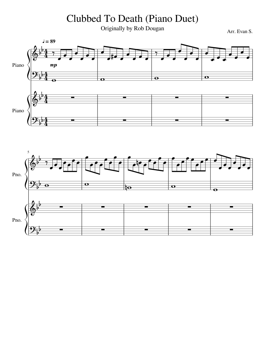 Clubbed To Death (Piano Solo) (But it's a Duet) Sheet music for Piano (Piano  Duo) | Musescore.com