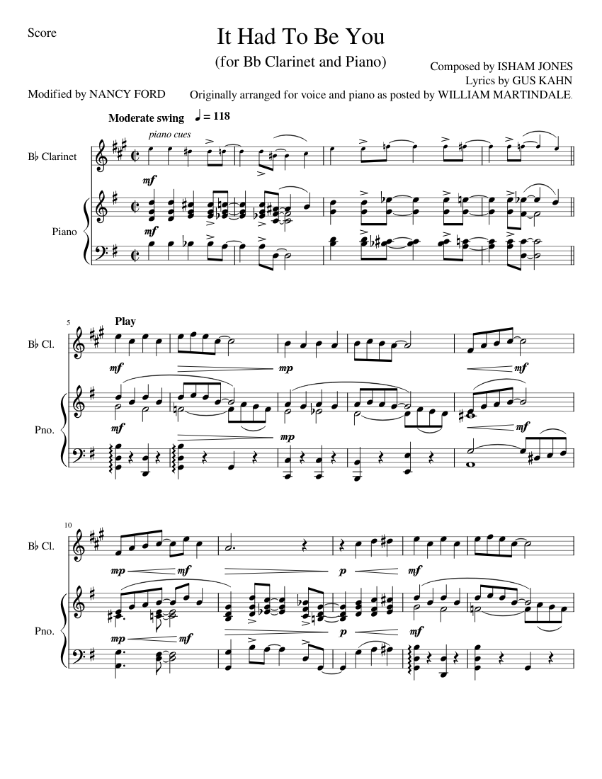 It Had To Be You – Isham Jones (Bb Clarinet and Piano) Sheet music for ...