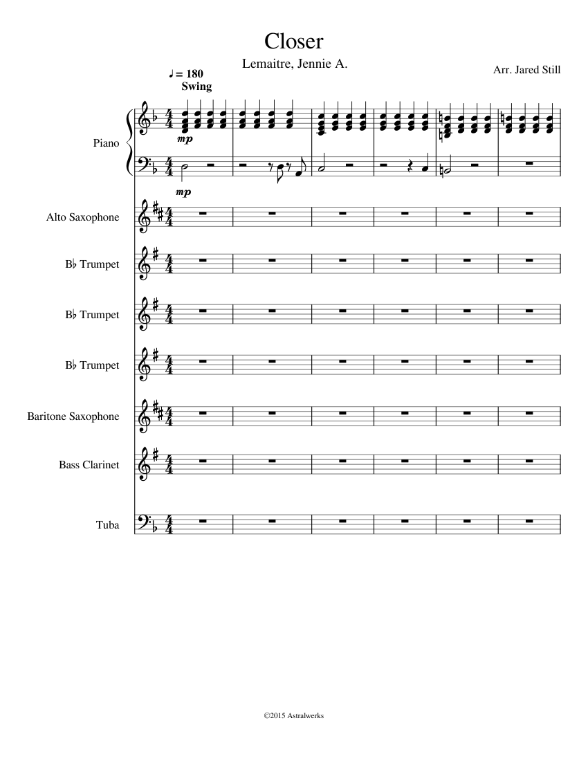 Lemaitre - Closer Sheet music for Piano, Tuba, Clarinet bass, Saxophone  alto & more instruments (Mixed Ensemble) | Musescore.com