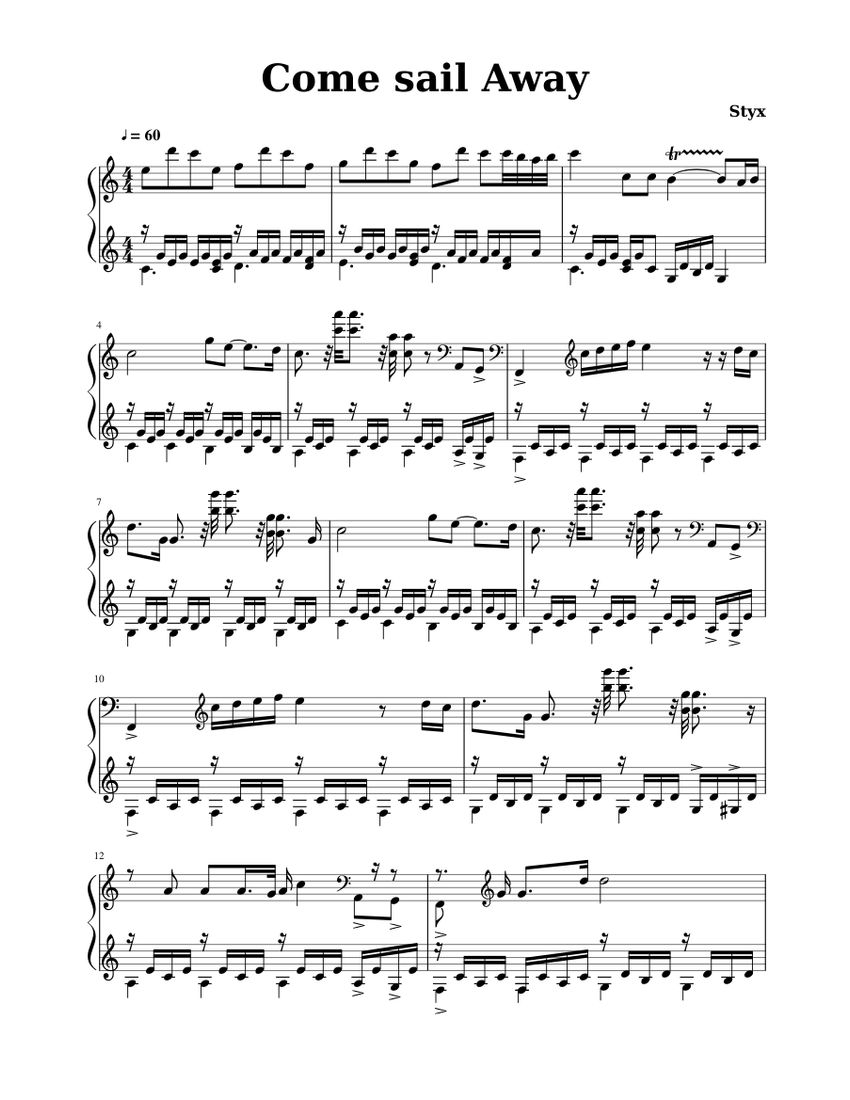 Come Sail Away Sheet Music For Piano Solo 