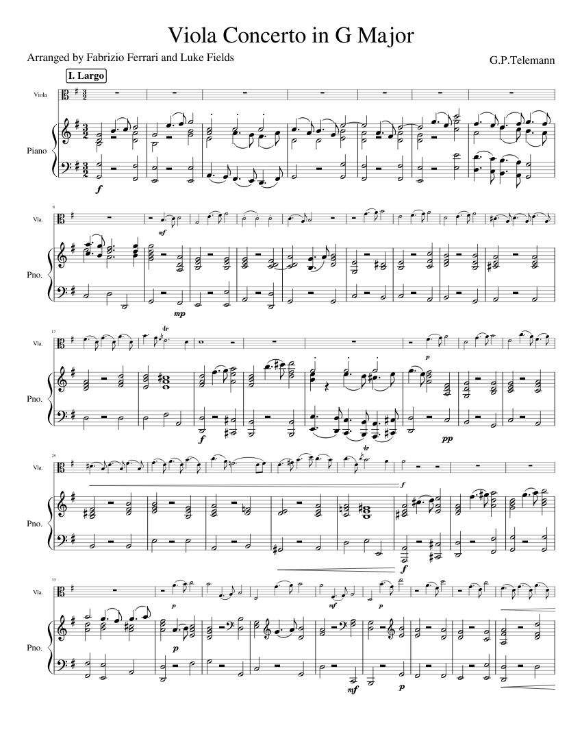 Concerto In G Major For Viola And String Orchestra G P Telemann Sheet