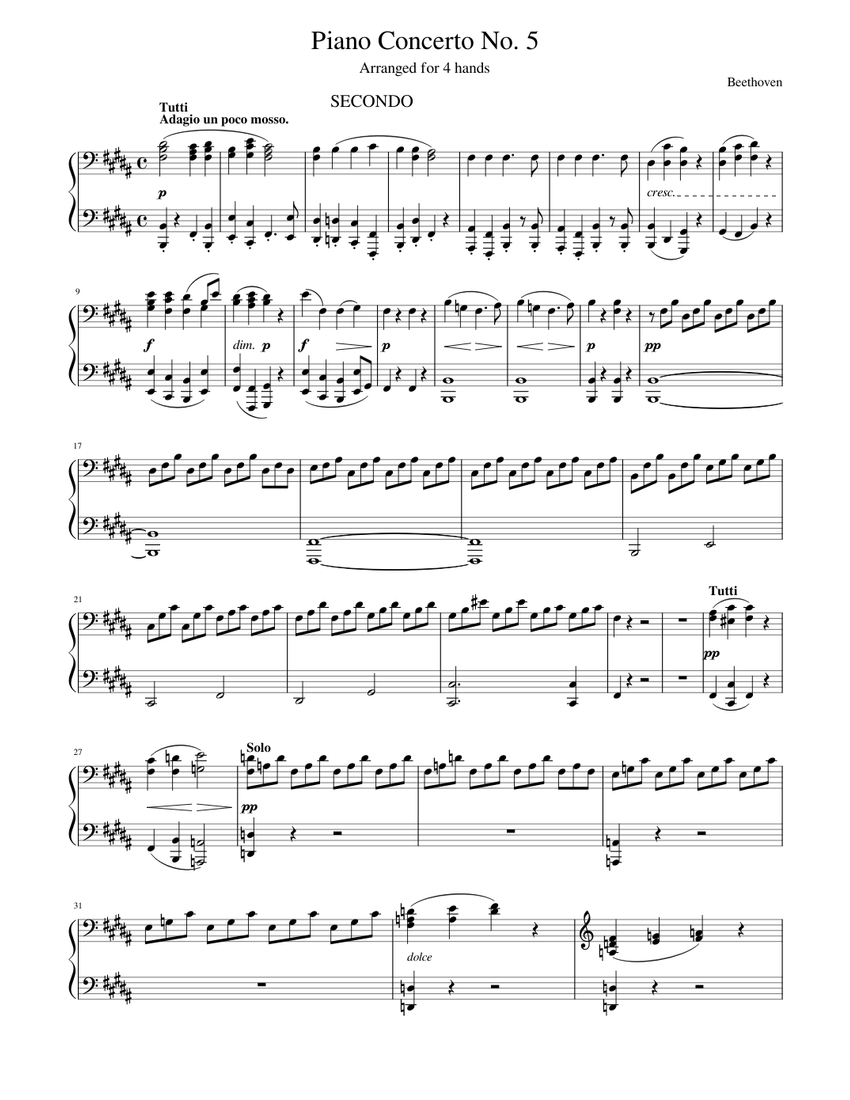 Beethoven Piano Concerto No. 5 Mvm. 2 (4 hands: Secondo) Sheet music for  Piano (Solo) | Musescore.com