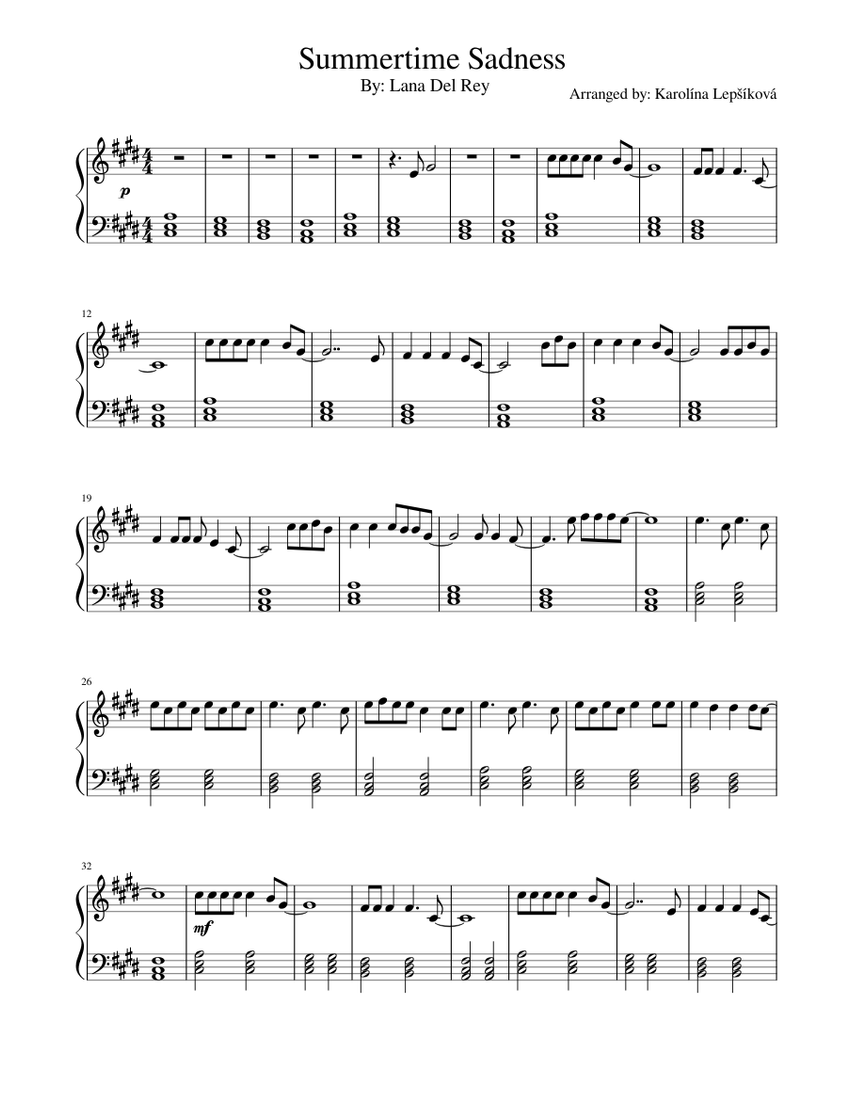 summertime sadness by Lana Del Rey sheet music for Piano | Musescore.com
