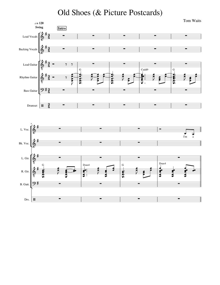 Tom Waits Old Shoes (And Picture Postcards) Sheet music for Vocals, Guitar, Bass guitar, Drum