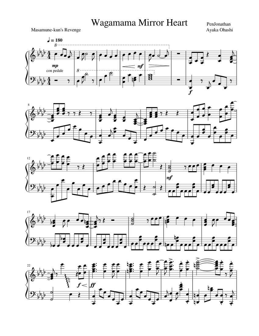 Wagamama Mirror Heart Ayaka Ohashi Sheet Music For Piano Solo Musescore Com