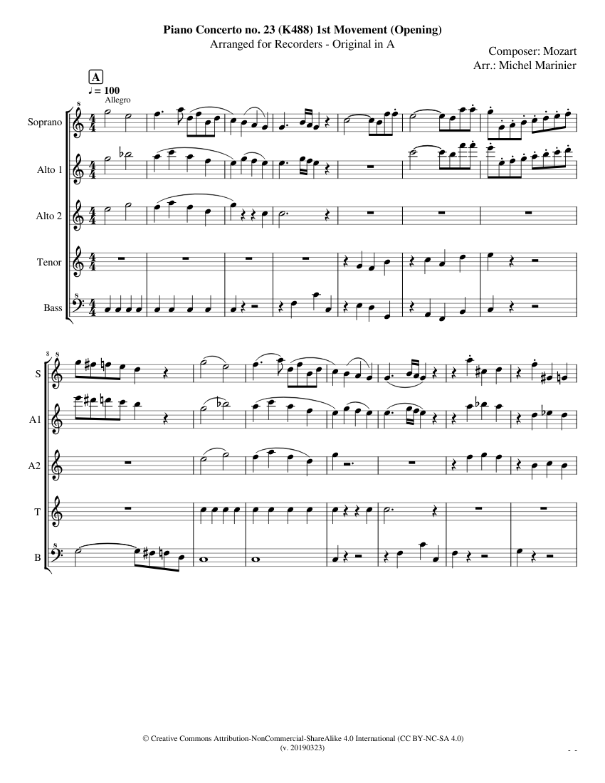 Mozart Piano Concerto no. 23 (K488) 1st Movement (Opening) - For recorder  ensemble Sheet music for Recorder (Woodwind Quintet) | Musescore.com