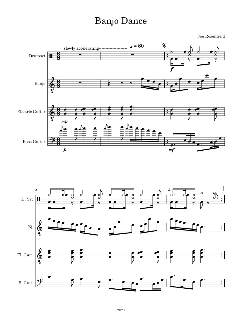 Joe Rosenfield Banjo Dance Sheet music for Guitar, Bass guitar, Drum group, Banjo ...