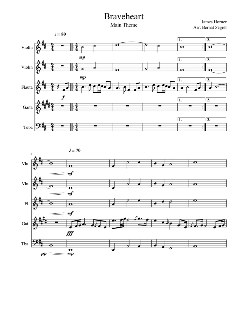 Braveheart Sheet music for Tuba, Flute, Violin, Pipes (Mixed Quintet) |  Musescore.com